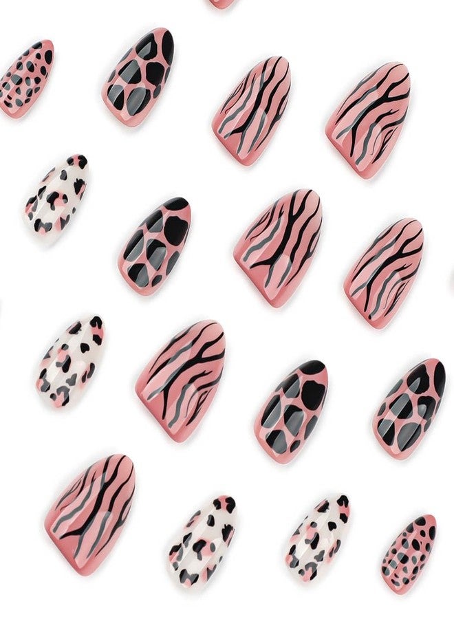RikView Short Press on Nails Almond Fake Nails Black Nails with Leopard Print Design Glossy Full Cover Nails for Women 24 PCs/Set - Image 2